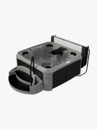 Rectangular above‑ground hot tub with built‑in jets, gray interior, black exterior, and an attached curved step system at the front.