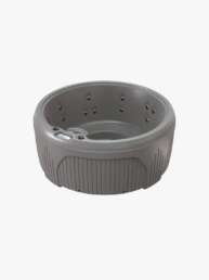 Round gray hot tub with multiple water jets and a built-in control panel on the rim