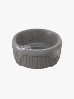 Round gray hot tub with multiple water jets and a built-in control panel on the rim