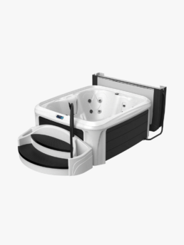 White and black hot tub with built-in seating and multiple jets, featuring a curved two-step entry at the front.