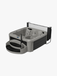 Grey backyard hot tub with built-in jets and curved black steps in front, on a light background.