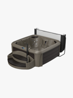 Brown outdoor hot tub with built-in seating, multiple jets, and a set of steps at the front left.