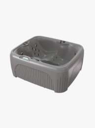 Gray hot tub with built-in seats and multiple massage jets