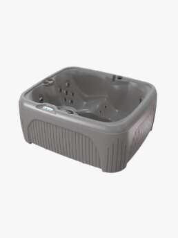 Gray hot tub with built-in seats and multiple massage jets