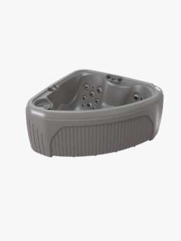 Grey freestanding hot tub with built-in seating and multiple massage jets on the interior wall edgease surface