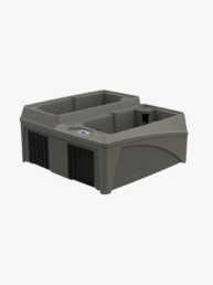 Gray plastic portable cooler with top recessed area and side vent panels, for cooling or storage purposes.