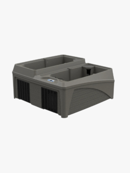 Gray plastic portable cooler with top recessed area and side vent panels, for cooling or storage purposes.