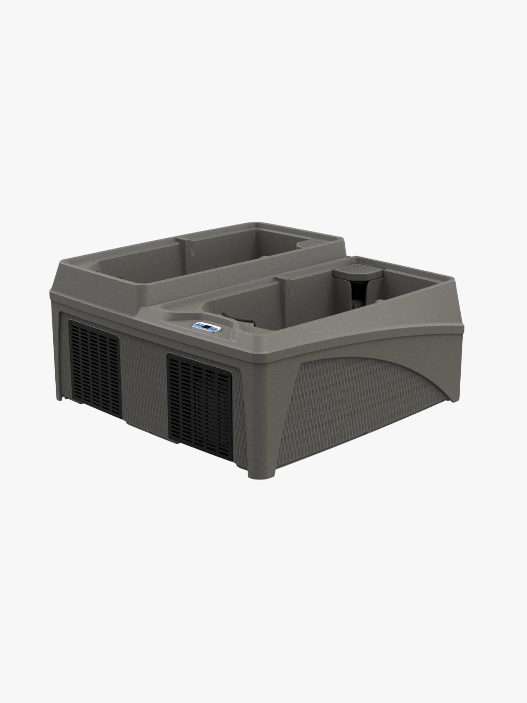 Tarson Pools Product Template Hotshot Cold Plunge | Tarson Pools & Spas Gray plastic portable cooler with top recessed area and side vent panels, for cooling or storage purposes.